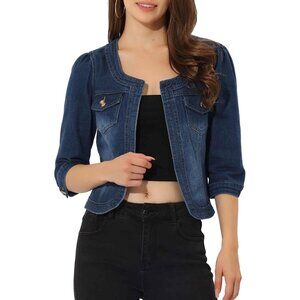 Women's Jean Jacket Slim Fit Casual Denim Jacket 3/4 Sleeves Outwear Dark Blue